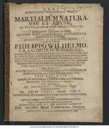 Dissertatio Inauguralis Medica De Martialium Natura, Vsv Et Abvsv, Ad Neotericorum Mentem Ventilatis