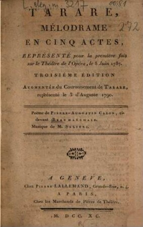 Tarare, (ou le despotisme) : Mélodrame en 5 actes