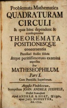 Problemata Mathematica Quadraturam Circuli & quae hinc dependent & consequuntur Theoremata Positionesque concernentia : Peculiari studio soluta Atque peritissimorum examini exposita