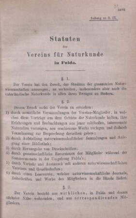 Statuten des Vereins für Naturkunde in Fulda.