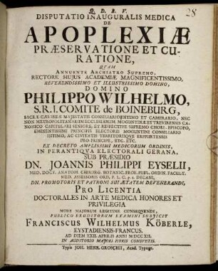 Disputatio Inauguralis Medica De Apoplexiæ Præservatione Et Curatione