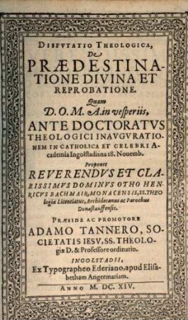 Disputatio theologica de praedestinatione divina et reprobatione