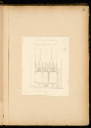 Dorfkirche mit 300 Sitzplätzen Monatskonkurrenz Januar 1865: Aufriss Gestühl für die Herrschaft; 1:30, Maßstabsleiste