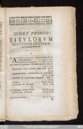 Index Primus Titulorum Secundum Ordinem Alphabeticum.