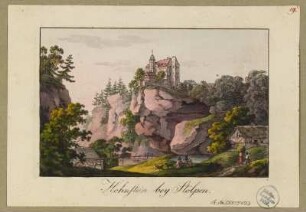 Die Burg Hohnstein in der Sächsischen Schweiz von Osten, Radierung um 1810 : Hohnstein bei Stolpen / C. F. Sprinck Drsd.. - [Dresden], [ca. 1810]. - 1 Kunstblatt : kolor. Radierung ; 12,4 x 8,0 cm