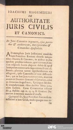 Ioachimi Hagemeieri. De authoritate juris civilis et canonici.