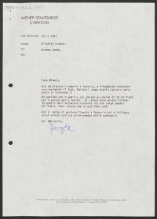 Brief an Bianca Zedda, 23.10.1991