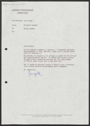 Brief an Bianca Zedda, 23.10.1991