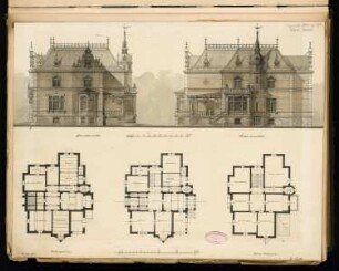 Villenartiges Wohnhaus, Lüdenscheid Monatskonkurrenz Dezember 1883: Grundriss Keller, Erdgeschoss, Obergeschoss, Aufriss Straßenansicht, Seitenansicht; 2 Maßstabsleisten