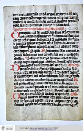 Incipit conmendacio mortuorum. Omnipotentis dei misericordiam