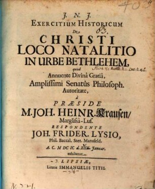 Exercitatium hist. de Christi loco natalitio in urbe Bethlehem
