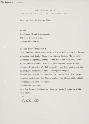 Dankesbrief von Lothar Bolz an Ernst Hassebrauk vom 17. Januar 1969. Schreibmaschinenblatt mit Autograph; 29,8 x 20,9 cm. Dresden: SLUB Mscr.Dresd.App.2534,1527