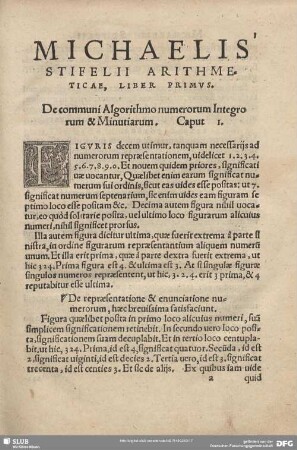 MICHAELIS STIELII ARITHMETICAE, LIBER PRIMVS.