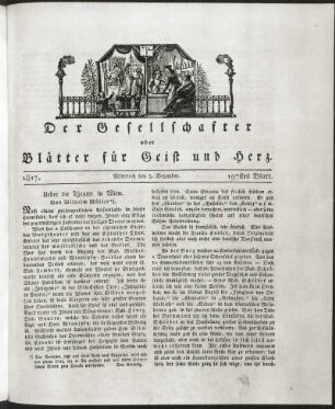Ueber die Theater in Wien : Müller, Wilhelm: Ueber die Theater in Wien. Textseite und Titelkupfer in: Gesellschafter oder Blätter für Geist und Herz. 1. Jahrgang 1817, Nr. 197. Druck. Dresden: SLUB Eph.lit.0238
