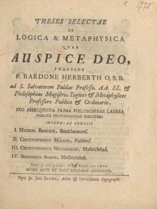 Theses Selectae Ex Logica Et Metaphysica