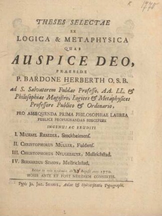 Theses Selectae Ex Logica Et Metaphysica