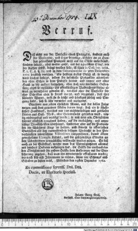 Verruf. : München den 23sten Dezember 1784. Ex commissione serenis. Dni. Dni. Ducis, et Electoris speciali. Johann Georg Kroiß, kurfürstl. obern Landesregierungssekretär.