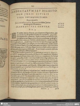 Liber Decimus-Septimus. De quo respondebit Johannes Philippus Mendelius dictus Jordan Hombergensis Wetteravus. Mandati Vel Contra