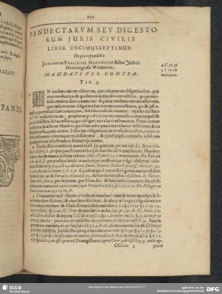 Liber Decimus-Septimus. De quo respondebit Johannes Philippus Mendelius dictus Jordan Hombergensis Wetteravus. Mandati Vel Contra