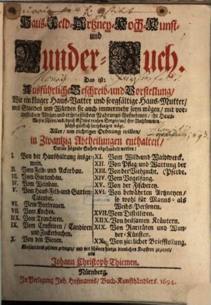 Haus- Feld- Arzney- Koch- Kunst und Wunderbuch