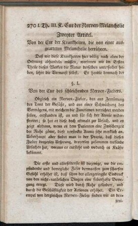 Zweyter Artikel. Von der Cur der Krankheiten, die von einer ausgearteten Melancholie herrühren.