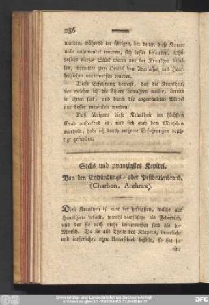 Sechs und zwanzigstes Kapitel. Von den Entzündungs- oder Pestbeulenbrand. (Charbon, Anthrax).