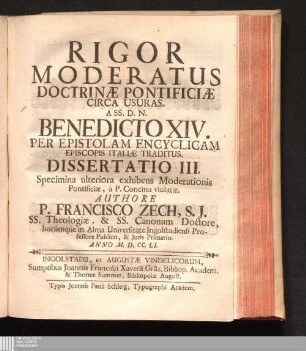 Dissertatio III: Specimina ulteriora exhibens Moderationis Pontificiæ, à P. Concina violatæ