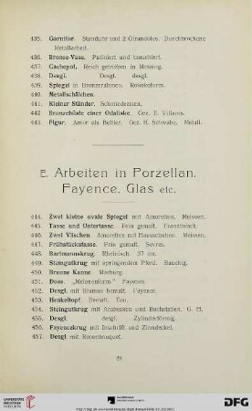 Arbeiten in Porzellan, Fayence, Glas (Nr. 444-540)