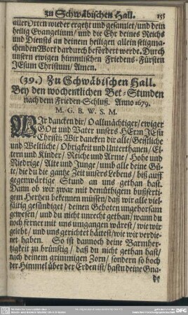 (39.) Zu Schwäbischen Hall. Bey den wochentlichen Bet-Stunden nach dem Frieden-Schluß. Anno 1679
