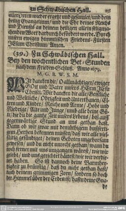 (39.) Zu Schwäbischen Hall. Bey den wochentlichen Bet-Stunden nach dem Frieden-Schluß. Anno 1679