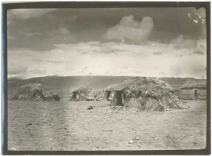 Strohhäuser der Aymara-Indianer im Dorf Sajama mit dem Quisiquisini im Hintergrund