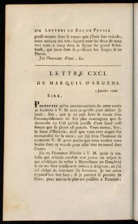 404-421, Lettre CXCI. du Marquis D'Argens.-Lettre CXCVII. du Marquis D'Argens.