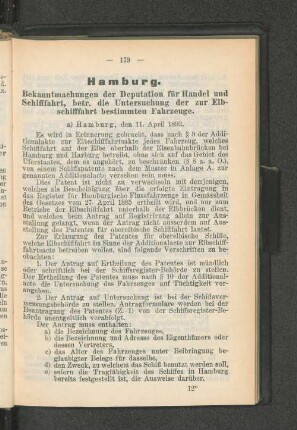 Bekanntmachungen der Deputation für Handel und Schifffahrt, betr. die Untersuchung der zur Elb-schifffahrt bestimmten Fahrzeuge.
