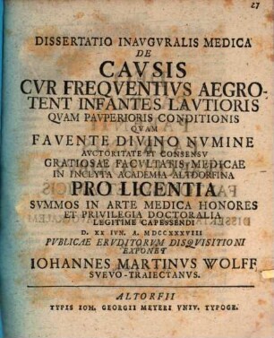 Dissertatio inauguralis medica de causis cur frequentius aegrotent infantes lautioris quam pauperioris conditionis