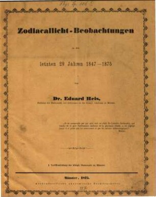 Zodiacallicht-Beobachtungen in den letzten 29 Jahren 1847 - 1875