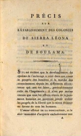 Précis sur l'établissement des colonies de Siera Léona