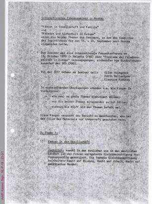 Bericht über das Internationale Frauenseminar in Moskau vom 18. bis 20. September 1971