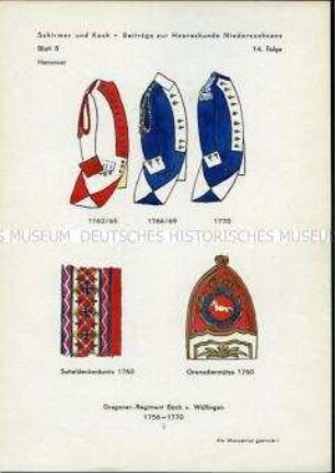 Uniformdarstellung, Detailstudie Uniformröcke, Satteldecke und Grenadiermütze des Dragoner-Regiments D IV, Kurfürstentum Hannover, 1756/1770.