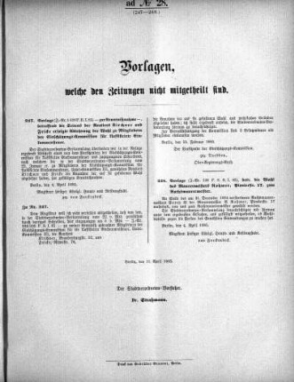 Anlage: ad No.28 (247-248), Vorlagen, welche den Zeitungen nicht mitgeteilt sind