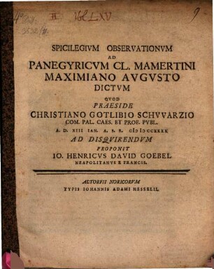 Spicilegium observationum ad Panegyricum Cl. Mamertini Maximiano augusto dictum