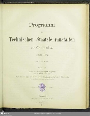 1887: Programm der Technischen Staatslehranstalten zu Chemnitz
