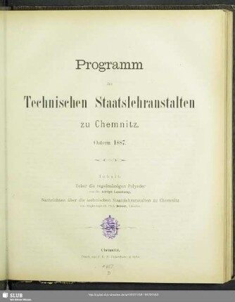 1887: Programm der Technischen Staatslehranstalten zu Chemnitz