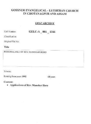PERSONAL FILE OF REV. MANOHAR HORO