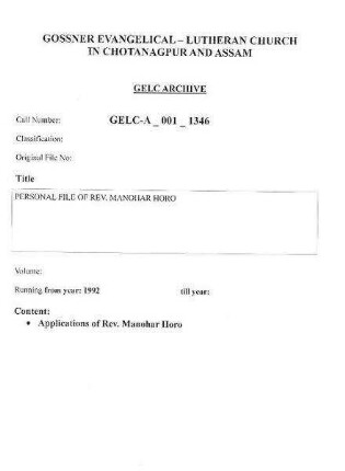 PERSONAL FILE OF REV. MANOHAR HORO