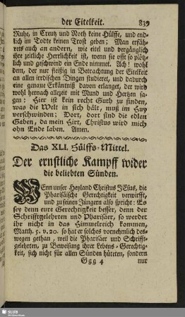 Das XLI. Hülffs-Mittel. Der ernstliche Kampff wider die beliebten Sünden