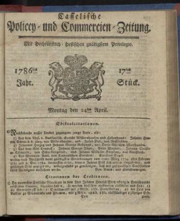 17tes Stueck, Montag den 24ten April. 1786