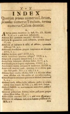 Index Quorum primus numerus Librum, secundus numerus Titulum, tertius numerus Casum denotat