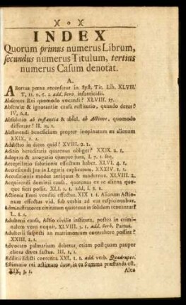 Index Quorum primus numerus Librum, secundus numerus Titulum, tertius numerus Casum denotat