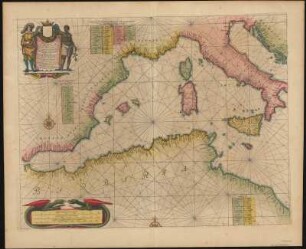 Seekarte vom Mittelmeer, Kupferstich, 1:4 200 000, 1656 : Pascaarte Van't westlyckste deel vande Middelandsche Zee : Vertonende in sich de ware gelegentheden van alle capen, havens, rivieren, bayen en droogte, zynde alles op zyn behoorlycke streckingen en distantien geleyt = Tabula Hydrographica de partibus Occidentalioribus Maris Mediterranei. - [Ca. 1:4 200 000] Amstelodami : Apud Ioan. Ianßonium : $aAmstelodami$bApud Ioan. Ianßonium$c[1656] , [1656]. - 1 Karte : Kupferstich ; 42 x 54 cm, Blattgröße 49 x 59 cm // Maßstab in graph. Form (Duytsche Mylen, Spaansche mylen)
