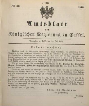 № 36. Ausgegeben zu Cassel am 25. Juli 1868.